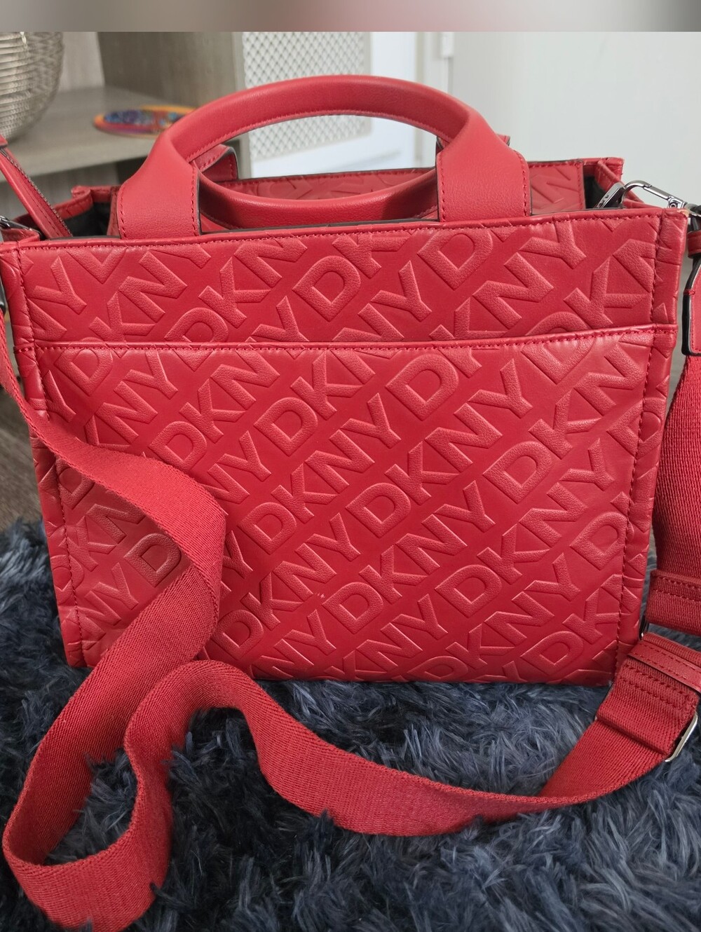Dkny Red Embossed Logo Leather Crossbody Bag But Doubles As Satchel/ Top Handle